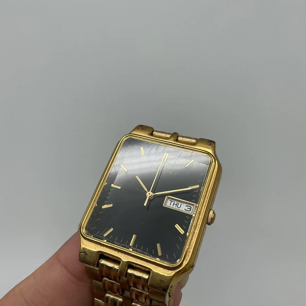 Pulsar Mens Watch 28mm Black Dial Gold Tone Day Date V733-5000 New Battery